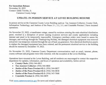 11.30.22 Update. In-Person Service At Levee Building Resume