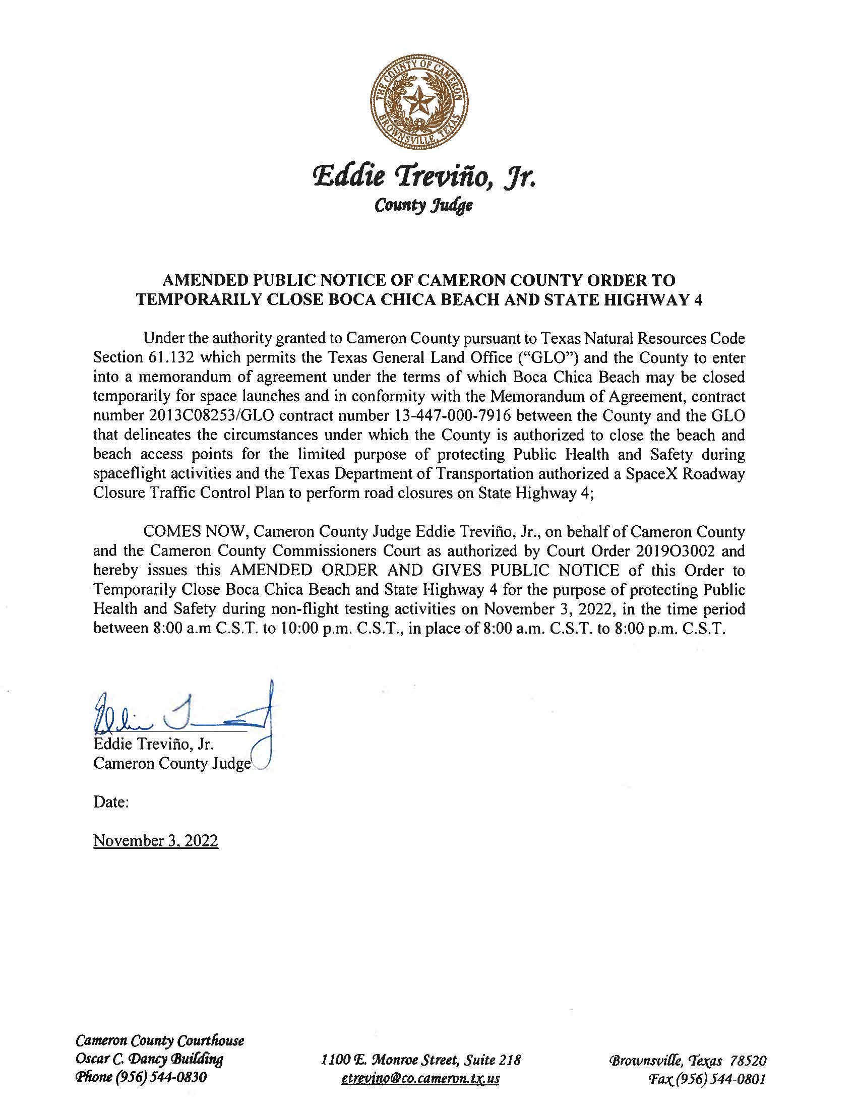 AMENDMENT PUBLIC NOTICE OF CAMERON COUNTY ORDER TO TEMP. BEACH CLOSURE AND HWY.11.03.2022