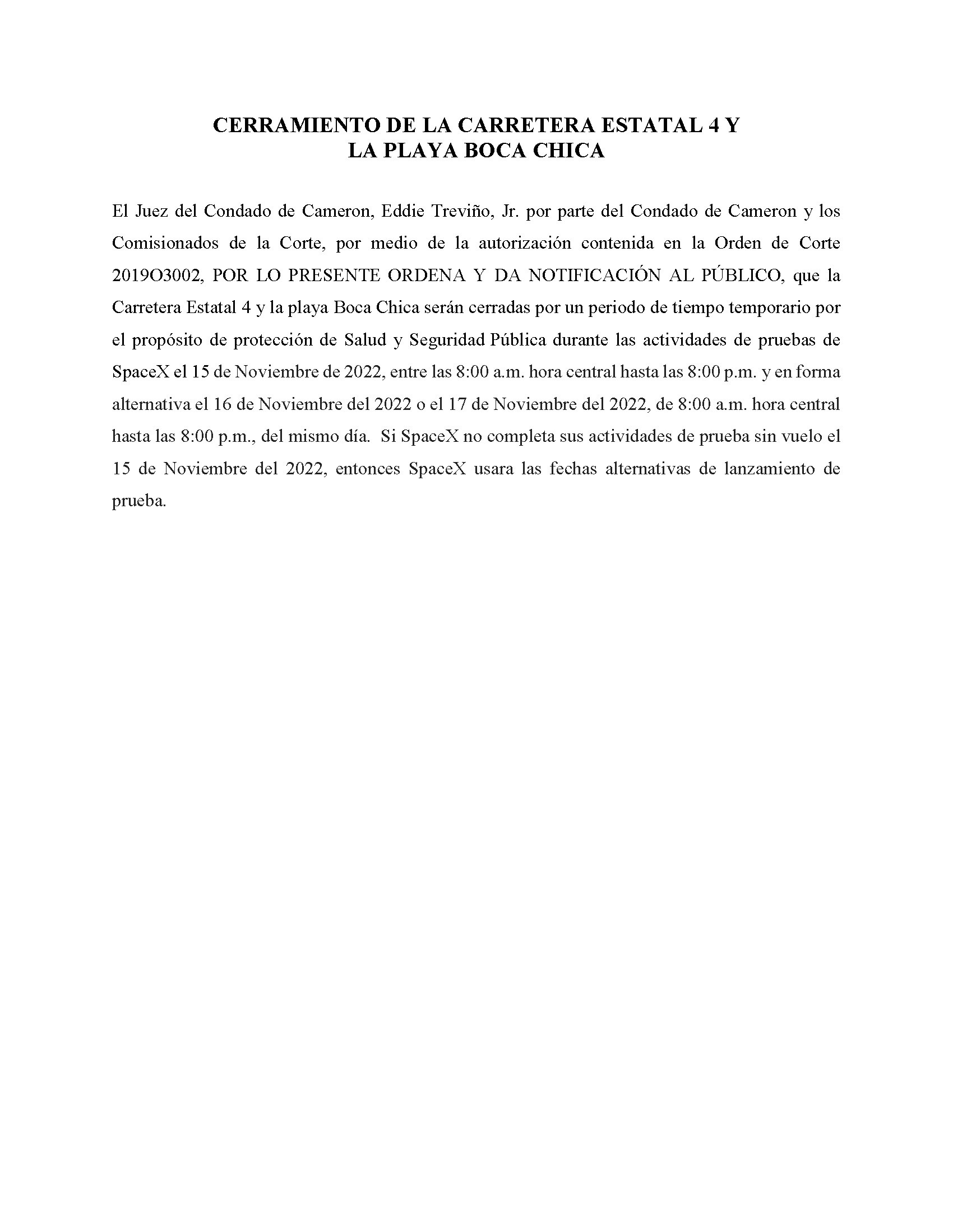 ORDER.CLOSURE OF HIGHWAY 4 Y LA PLAYA BOCA CHICA.SPANISH.11.15.2022