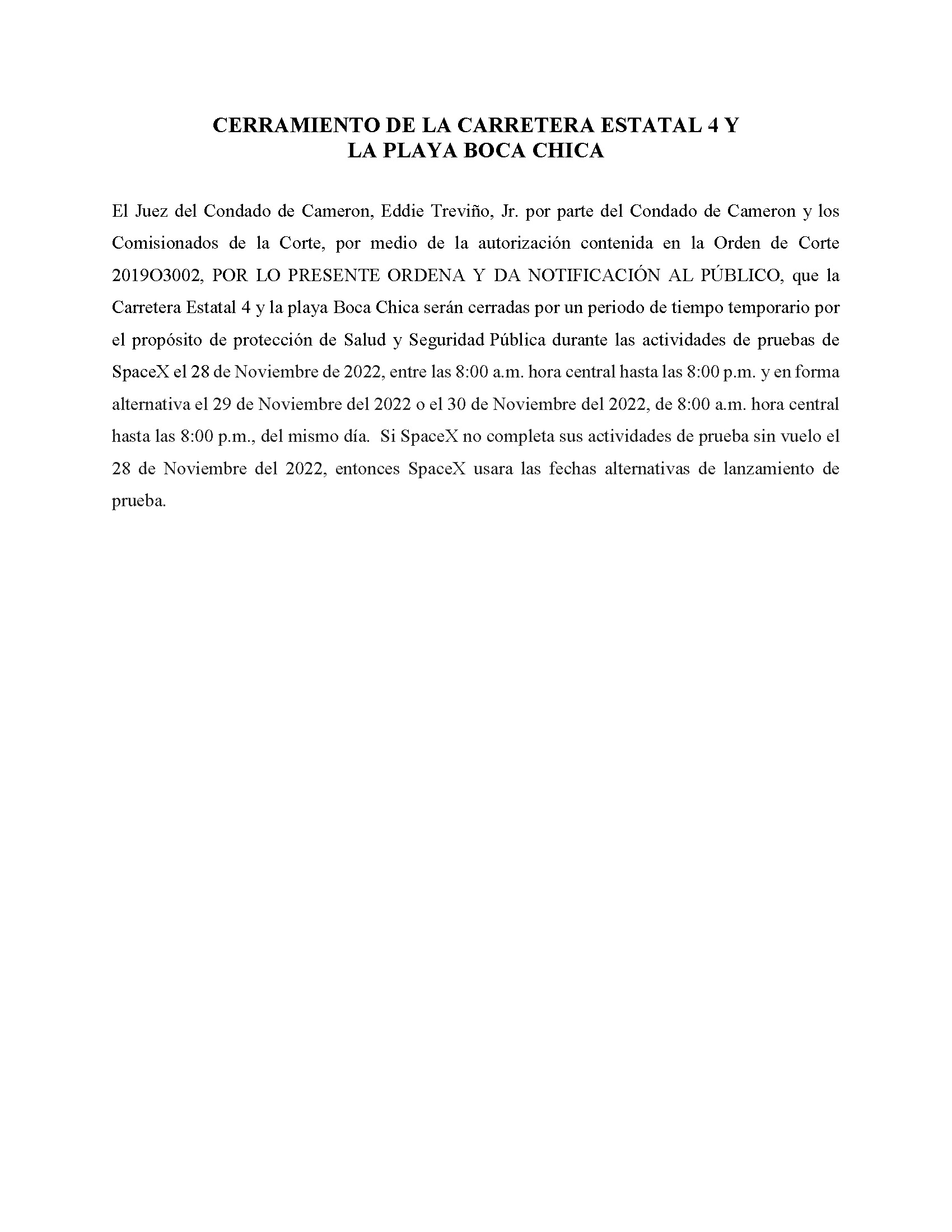 ORDER.CLOSURE OF HIGHWAY 4 Y LA PLAYA BOCA CHICA.SPANISH.11.28.2022