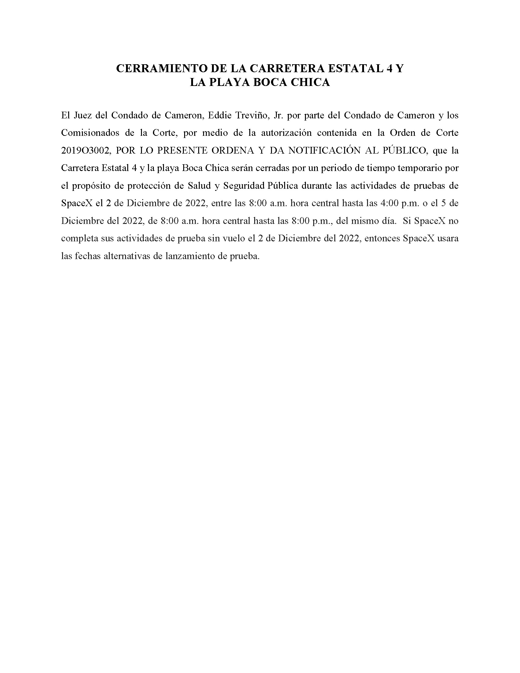 ORDER.CLOSURE OF HIGHWAY 4 Y LA PLAYA BOCA CHICA.SPANISH.12.02.2022