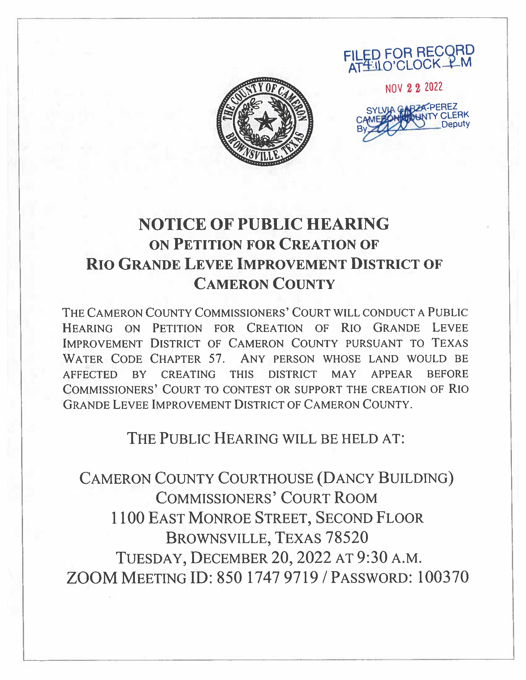 Public Hearing Notice Creation Of Rio Grande Levee Improvement District Of Cameron County Page 01
