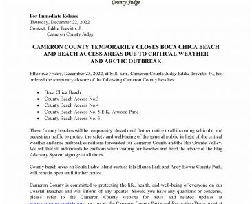 12.22.22 Cameron County Closes Boca Chica Beach and Access Areas Due to Critical Weather