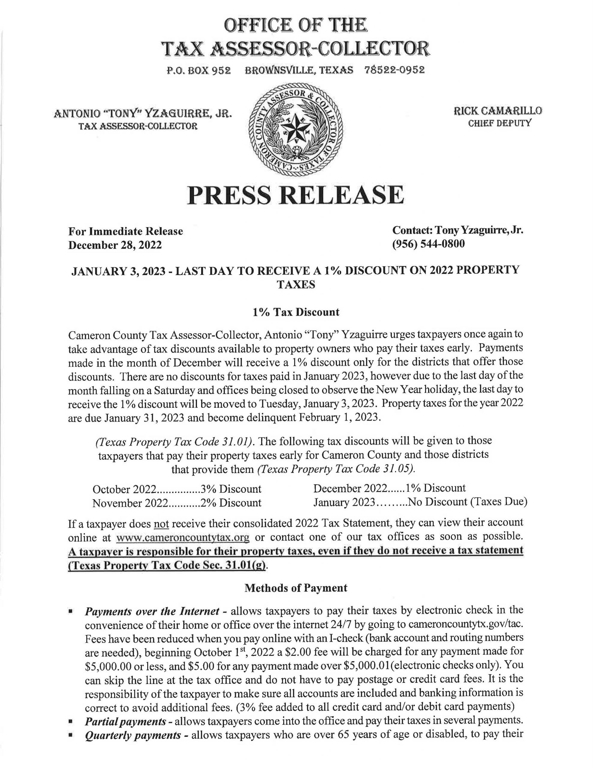 Press Release 2022 Property Tax 1 Percent Discount Page 1 Scaled