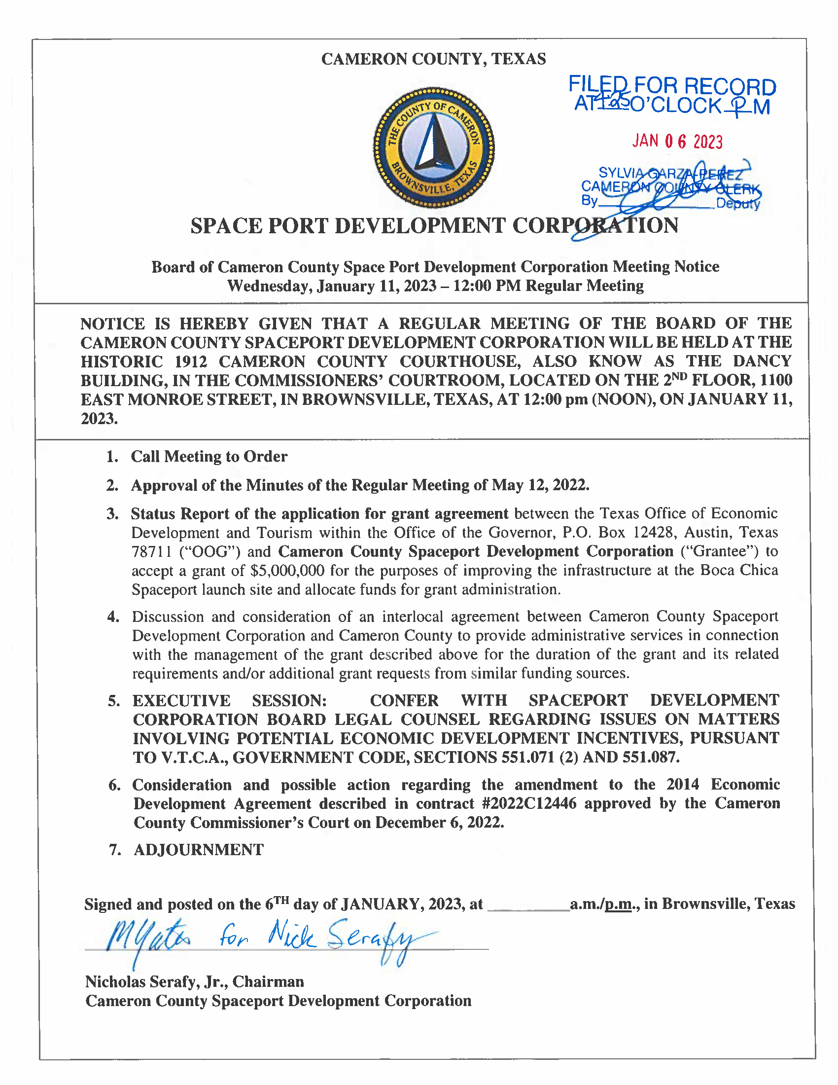 1 11 2023 Space Port Development Corporation Agenda