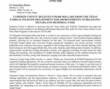 1.31.23 Cameron County Recieves $750000 from the Texas Parks Wildlife Department for Improvements