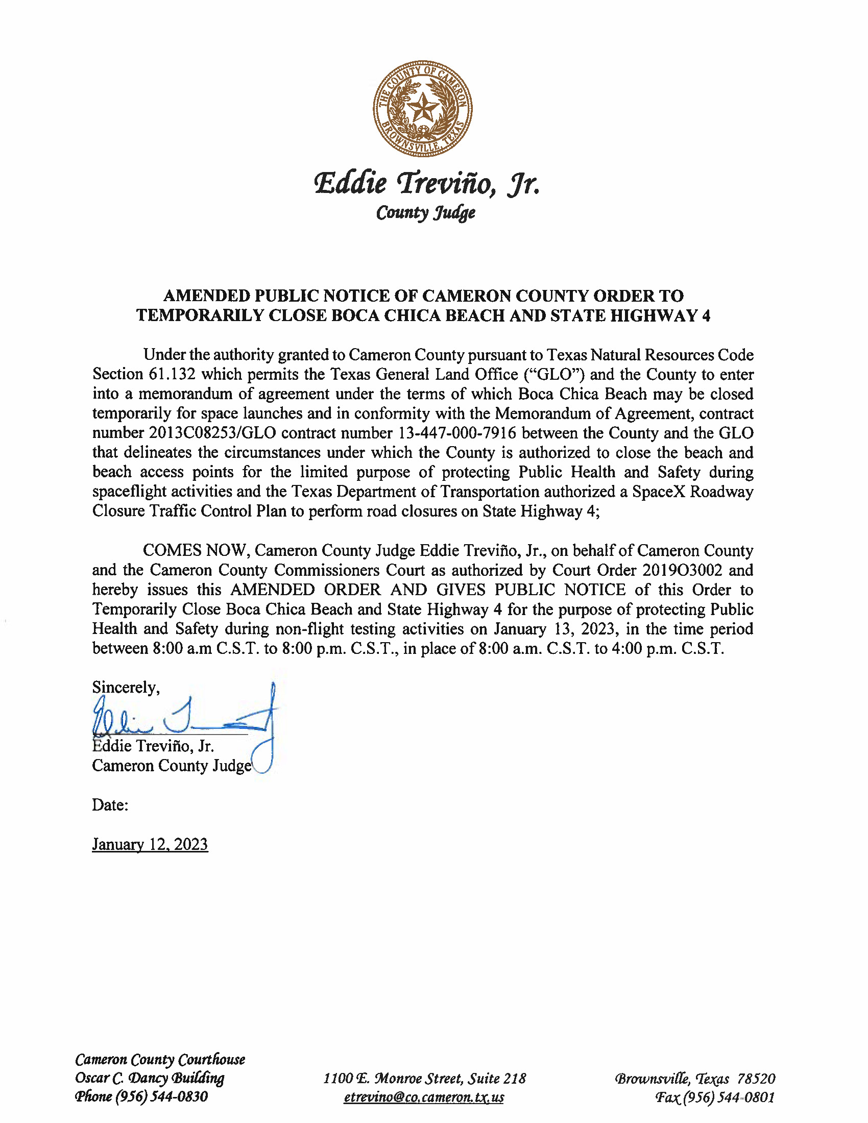 AMENDED PUBLIC NOTICE OF CAMERON COUNTY ORDER TO TEMP. BEACH CLOSURE AND HWY.01.13.2023