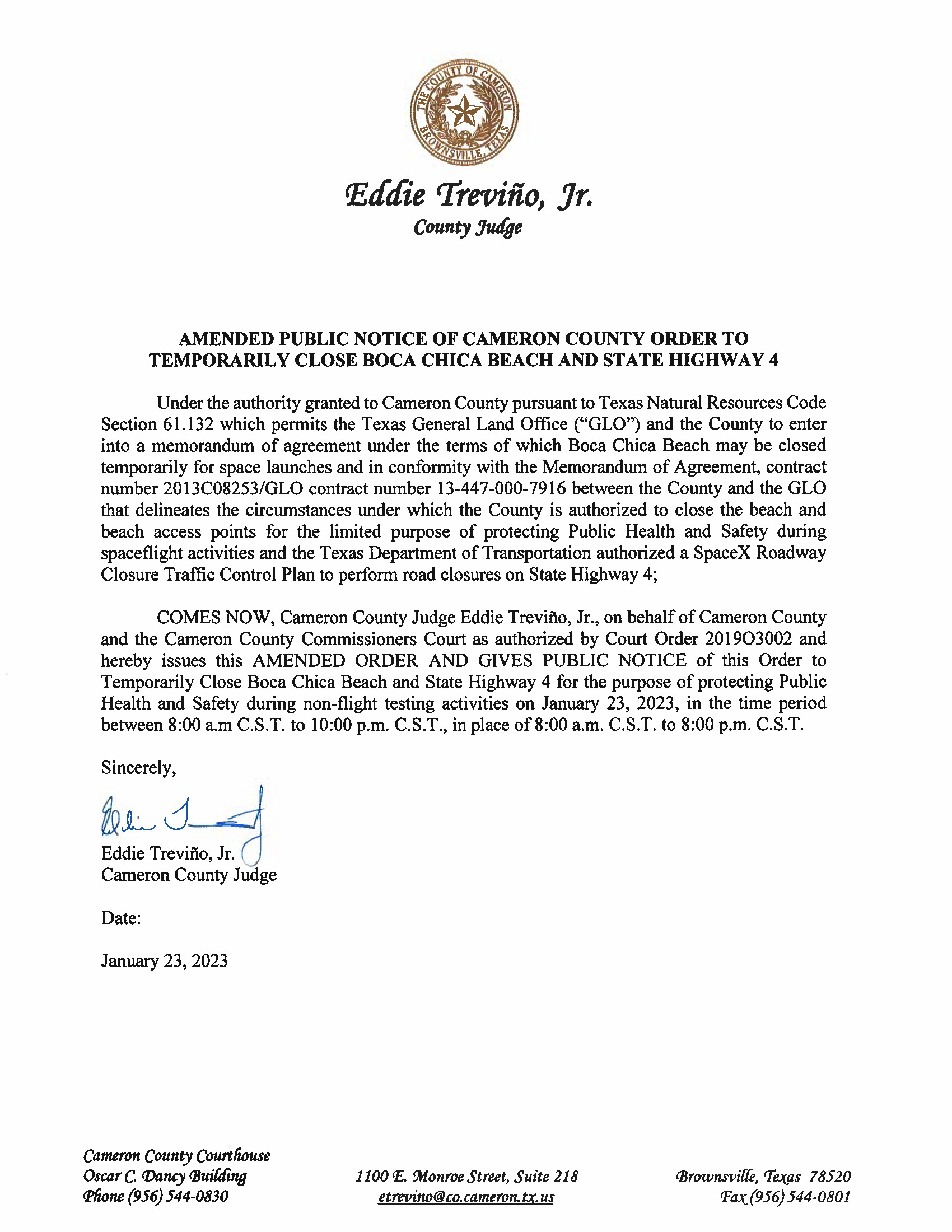 AMENDED PUBLIC NOTICE OF CAMERON COUNTY ORDER TO TEMP. BEACH CLOSURE AND HWY.01.23.2023