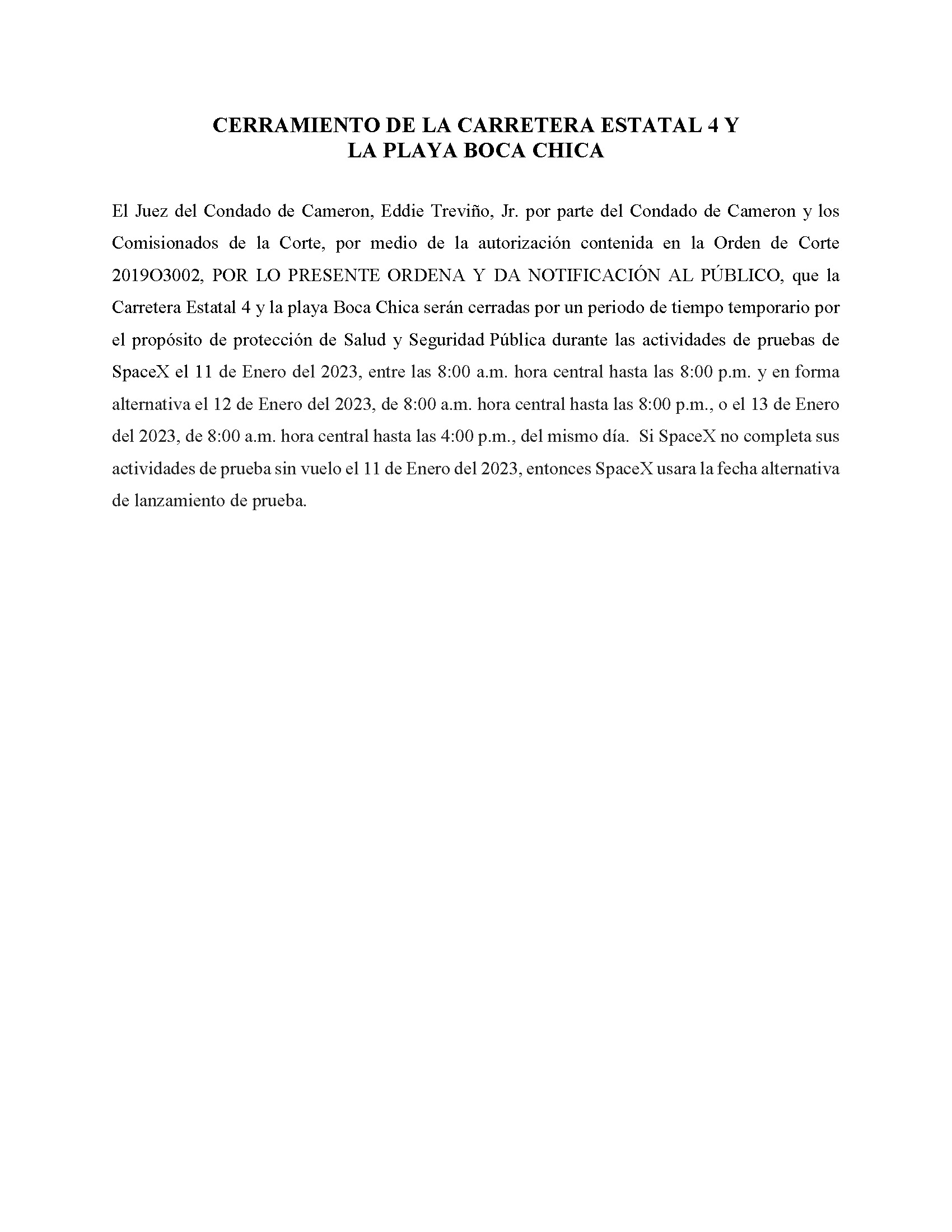 ORDER.CLOSURE OF HIGHWAY 4 Y LA PLAYA BOCA CHICA.SPANISH.01.11.23