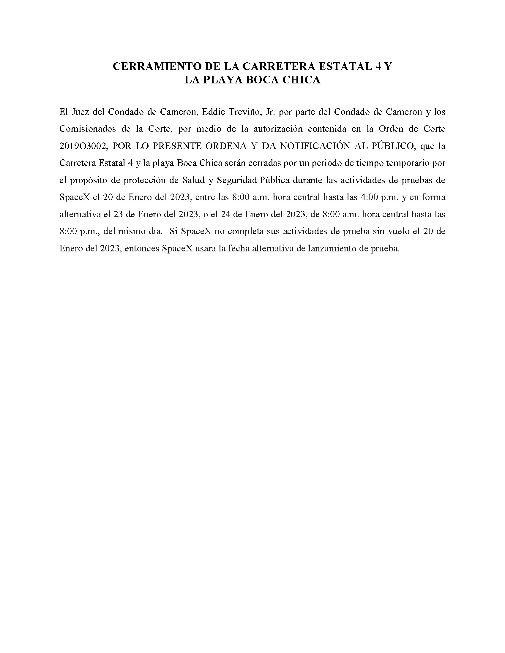 ORDER.CLOSURE OF HIGHWAY 4 Y LA PLAYA BOCA CHICA.SPANISH.01.20.23
