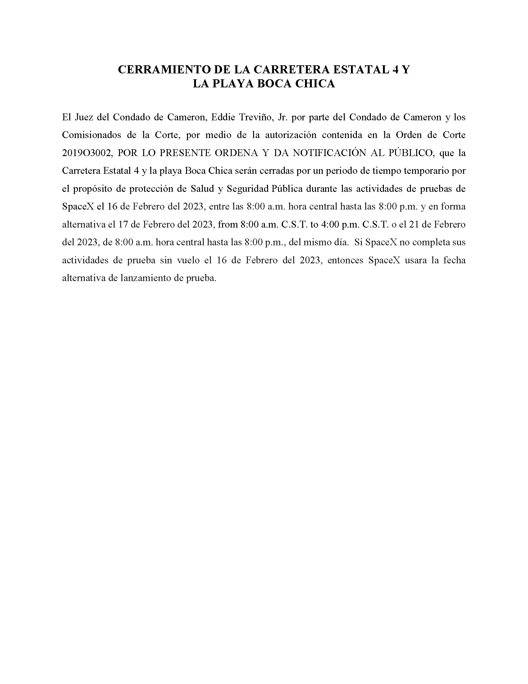 ORDER.CLOSURE OF HIGHWAY 4 Y LA PLAYA BOCA CHICA.SPANISH.02.16.23