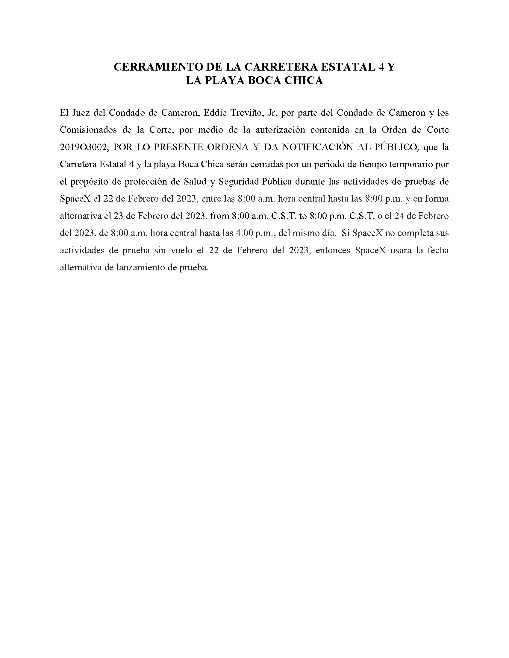 ORDER.CLOSURE OF HIGHWAY 4 Y LA PLAYA BOCA CHICA.SPANISH.02.22.23