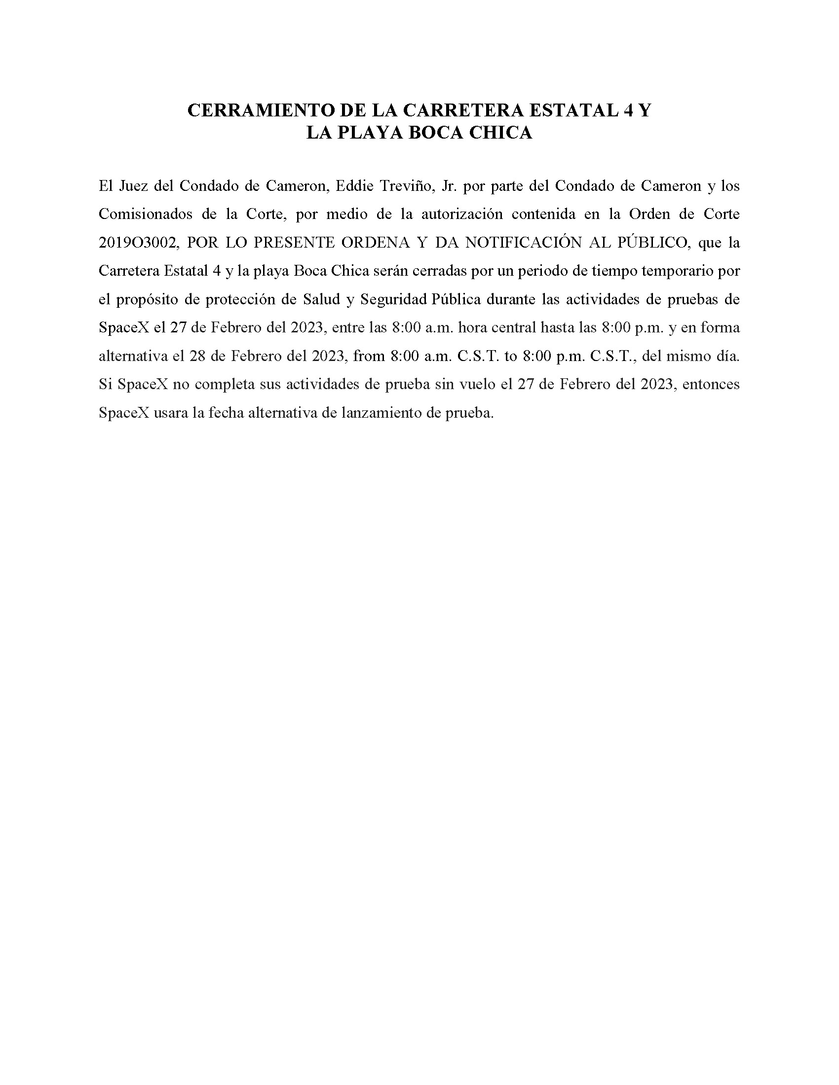 ORDER.CLOSURE OF HIGHWAY 4 Y LA PLAYA BOCA CHICA.SPANISH.02.27.23