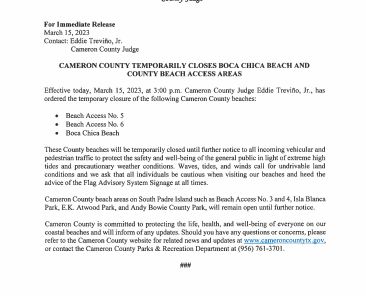 3.15.23 Cameron County Beach Areas Closed Due to High Tides