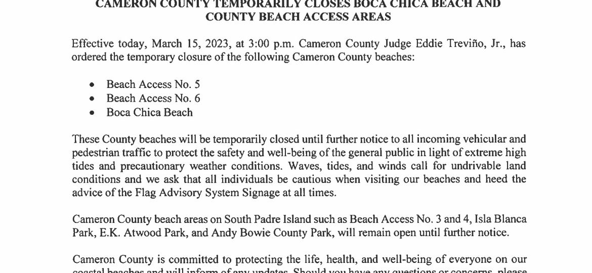 3.15.23 Cameron County Beach Areas Closed Due to High Tides