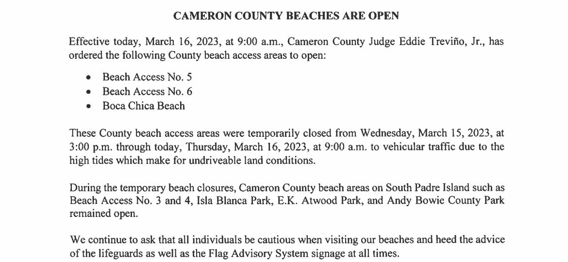 3.16.23 County Beach Access Areas are Open