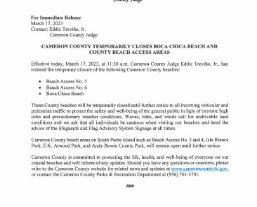 3.17.23 Cameron County Beach Areas Closed Due to High Tides
