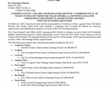 3.22.23 Cameron County and Area Municipalities Receive $9 million from the Texas General Land Office