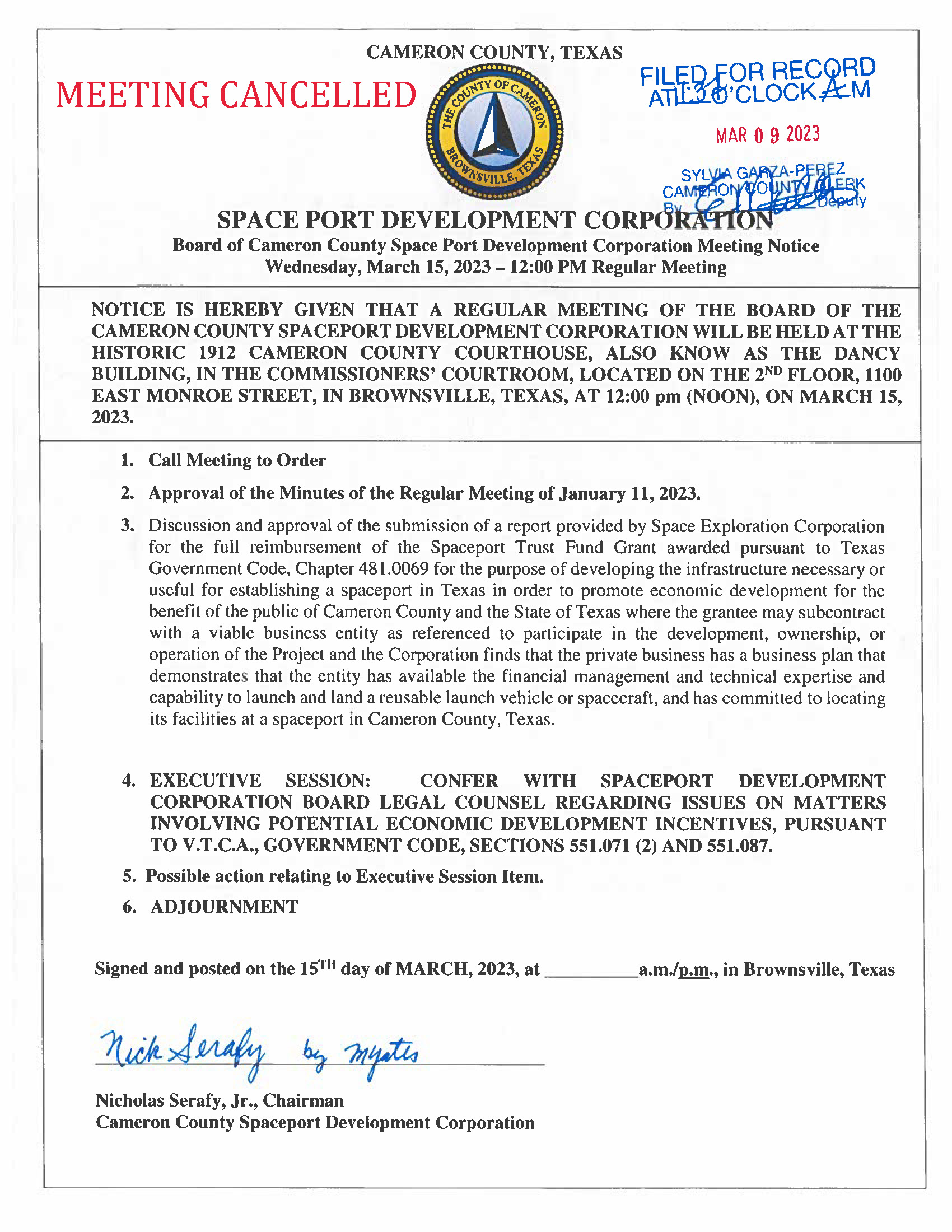 Cancelled Meeting Notice3 15 2023 Space Port Development Corp Agenda 002