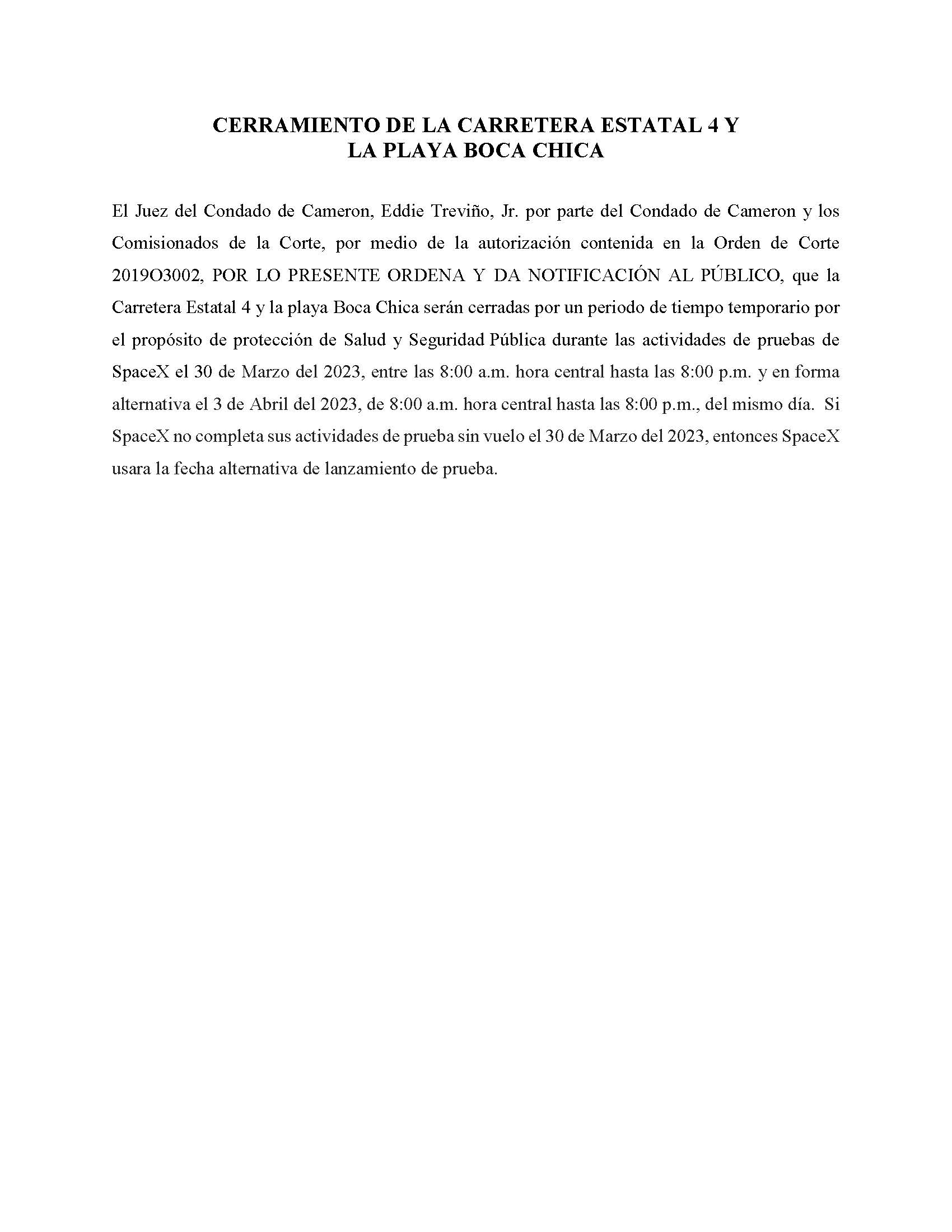 ORDER.CLOSURE OF HIGHWAY 4 Y LA PLAYA BOCA CHICA.SPANISH.03.30.23