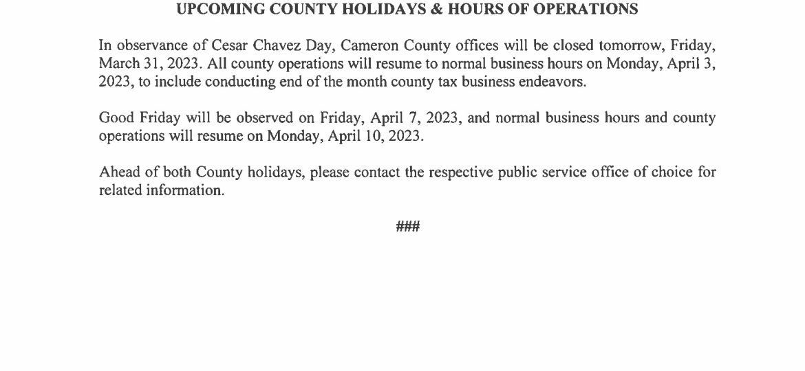 Upcoming County Holidays Hours of Operations