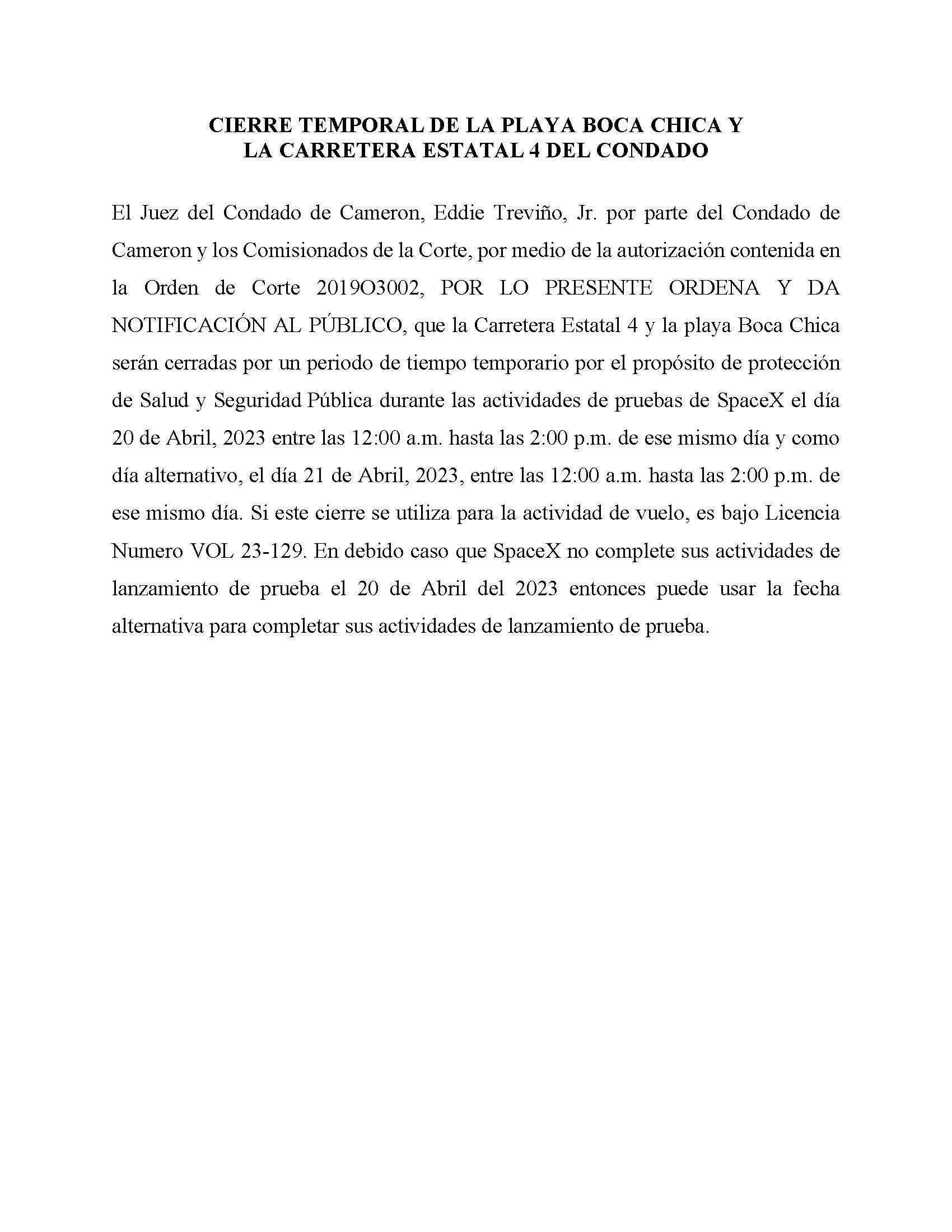 ORDER.CLOSURE OF HIGHWAY 4 Y LA PLAYA BOCA CHICA.SPANISH.04.20.2023
