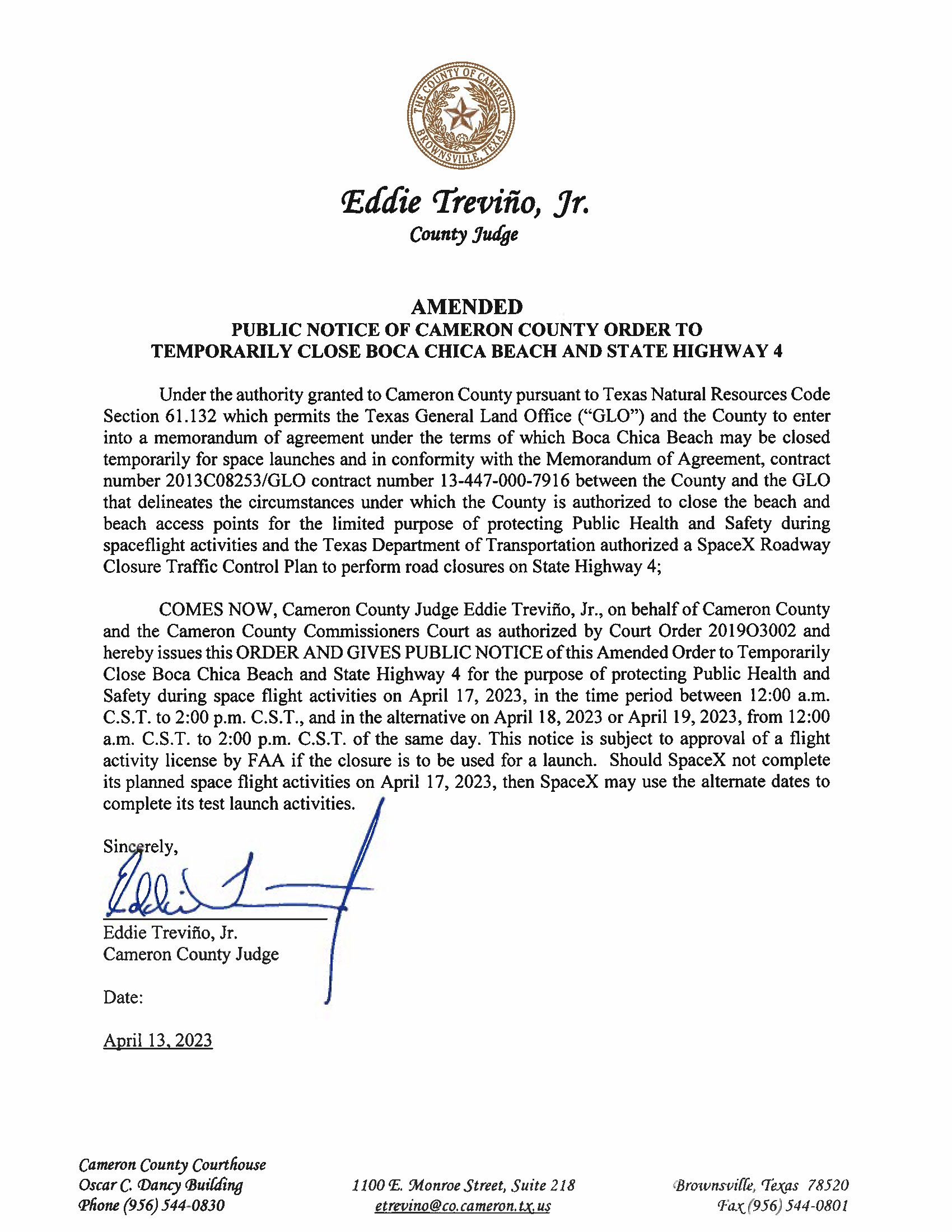 PUBLIC NOTICE OF CAMERON COUNTY ORDER TO TEMP. BEACH CLOSURE AND HWY.04.17.2023