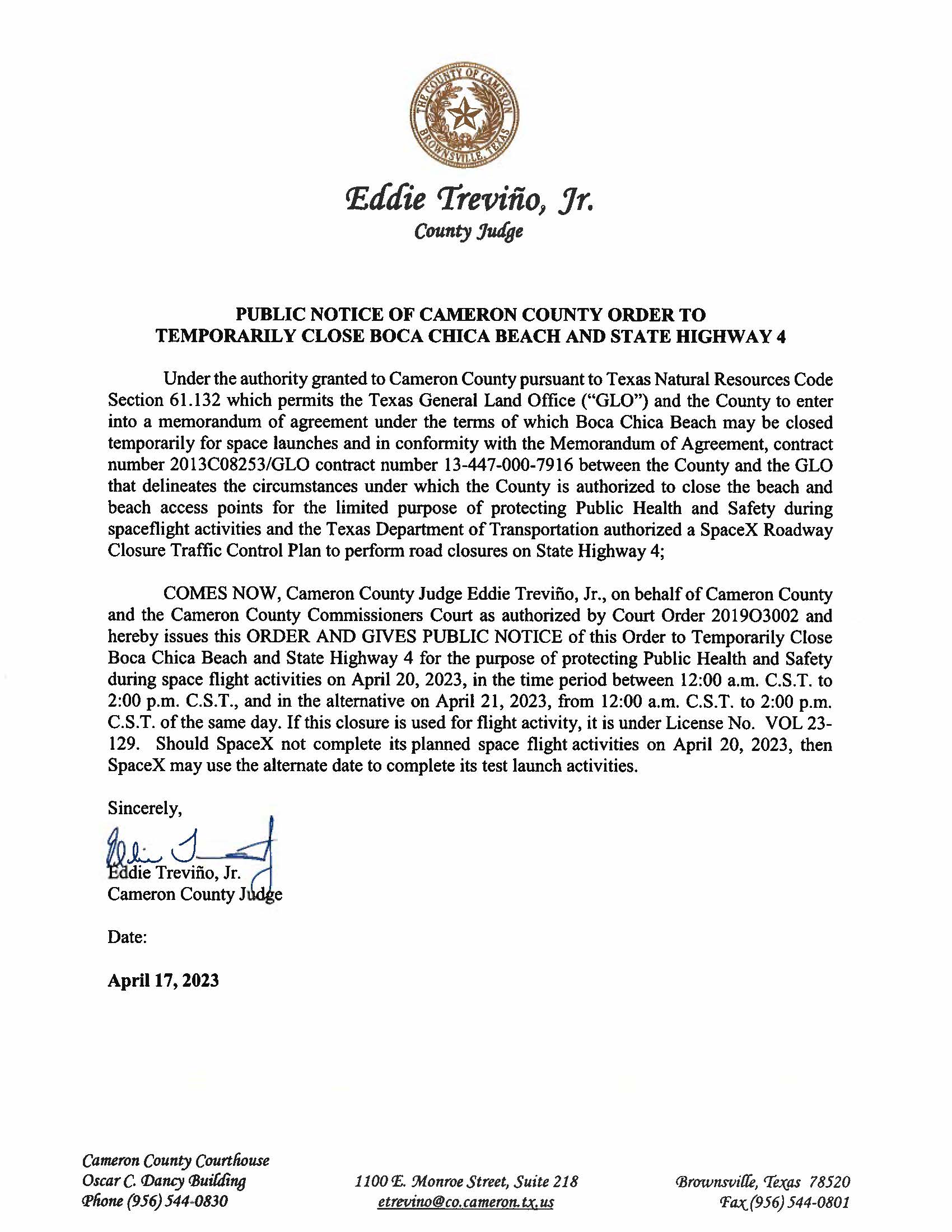 PUBLIC NOTICE OF CAMERON COUNTY ORDER TO TEMP. BEACH CLOSURE AND HWY.04.20.2023