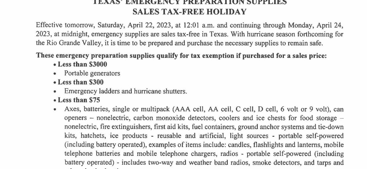 Texas' Emergency Preparation Supplies Sales Tax-Free Holiday