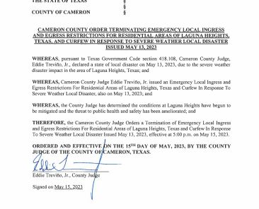 Cameron County Order Terminating Emergency Local Ingress and Egress Restrictions from Laguna Heights Areas