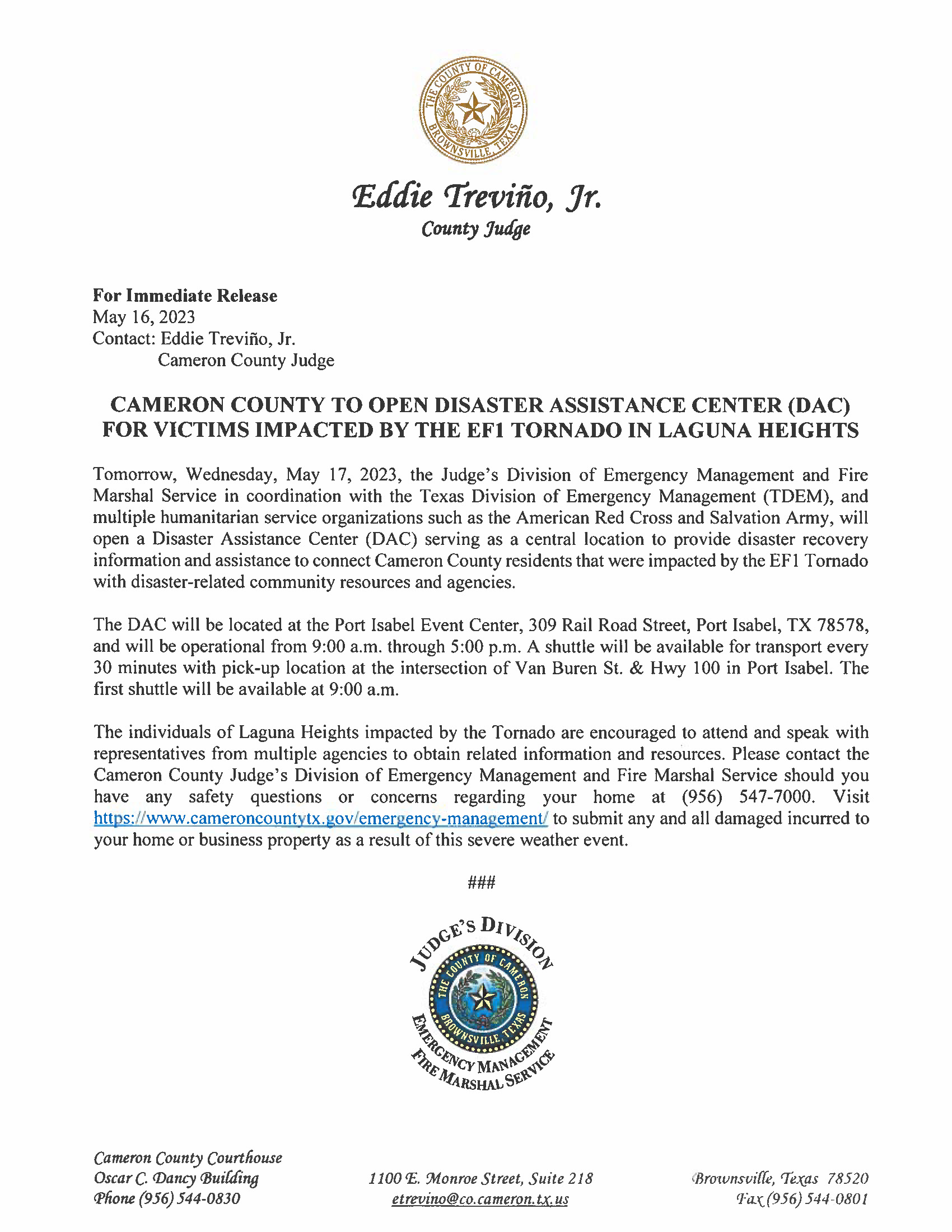 Cameron County To Open A Disaster Assistance Center DAC For Victims Impacted By The EF1 Tornado In Laguna Heights