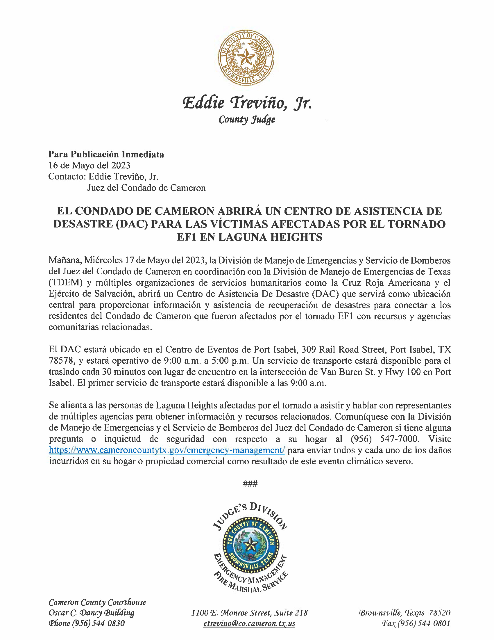 El Condado De Cameron Abrira Un Centro De Asistencia De Desastre DAC Para Las Victimas Afectadas Por El Tornado EF1 En Laguna Heights