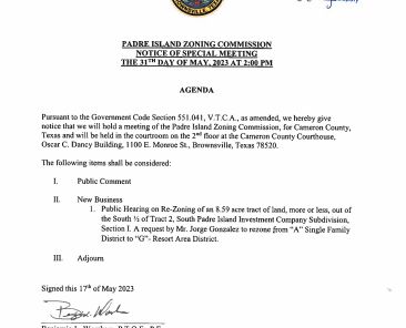 Padre Island Zoning Commission Notice of Special Meeting