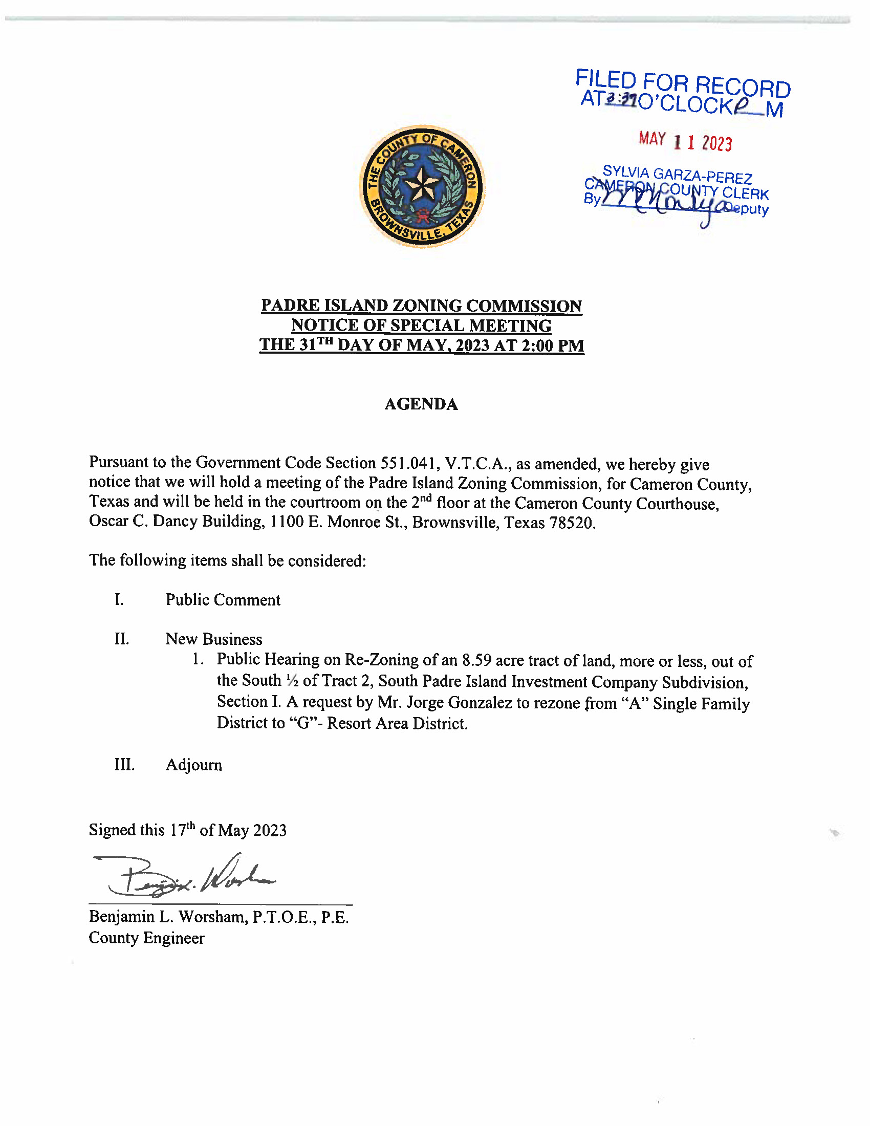 Padre Island Zoning Commission Notice Of Special Meeting