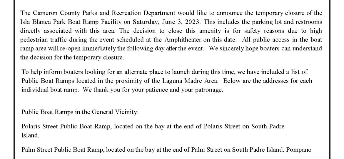 Notice Regarding Temporary Closure of the Isla Blanca Park Boat Ramp_June 3_2023 (002)