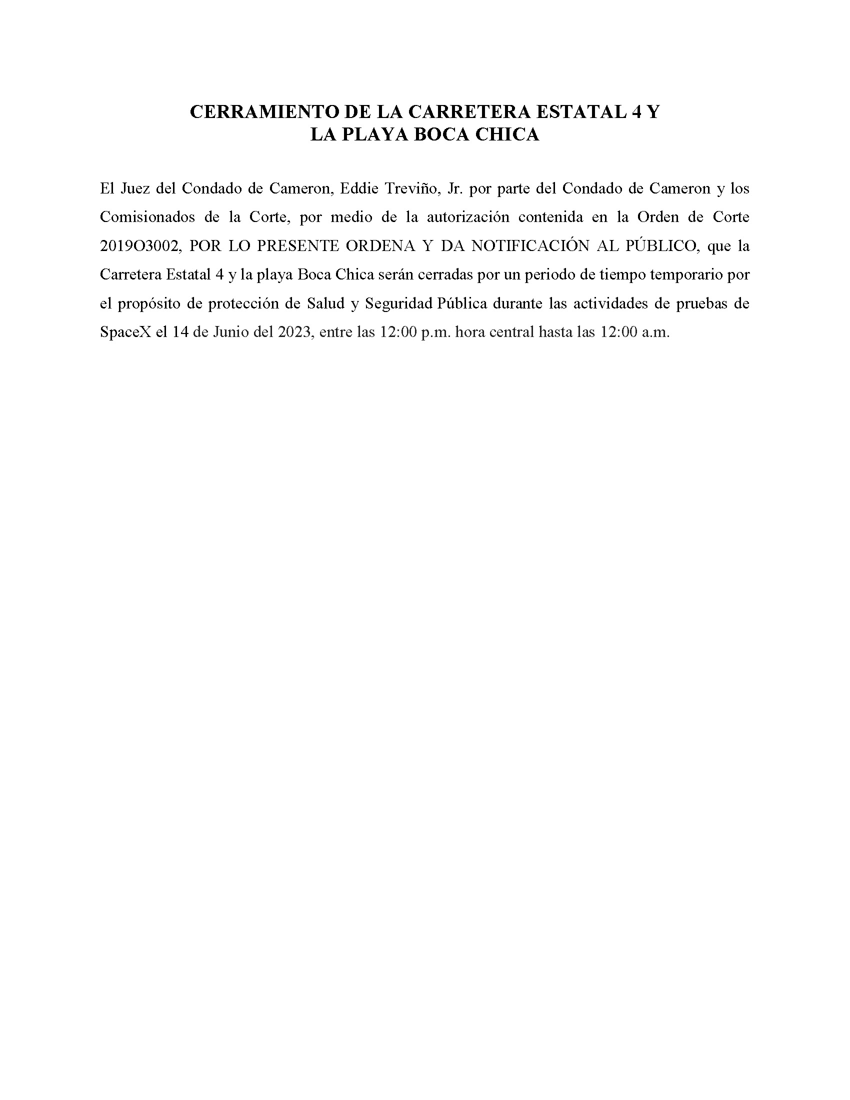 ORDER.CLOSURE OF HIGHWAY 4 Y LA PLAYA BOCA CHICA.SPANISH.06.14.23