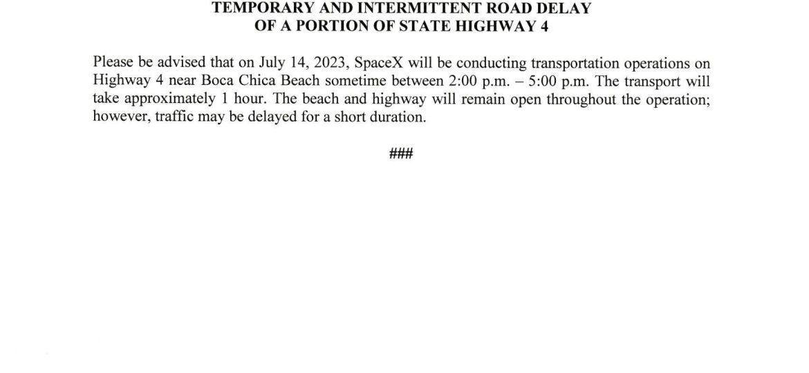 2023.07.13 - SpaceX Road Delay July 14 2023 - English