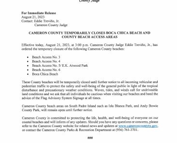 8.21.23 County Temporarily Closes Boca Chica Beach and Access Areas