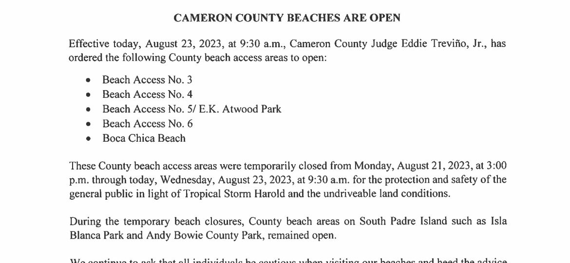 8.23.23 Cameron County Beaches are Open