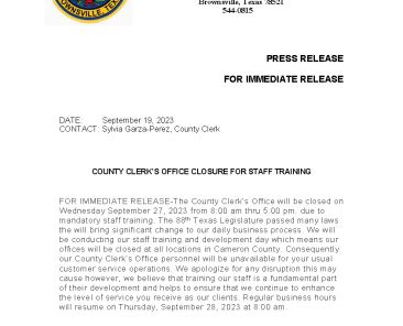 Cameron County Clerk's Office Press Release- memo