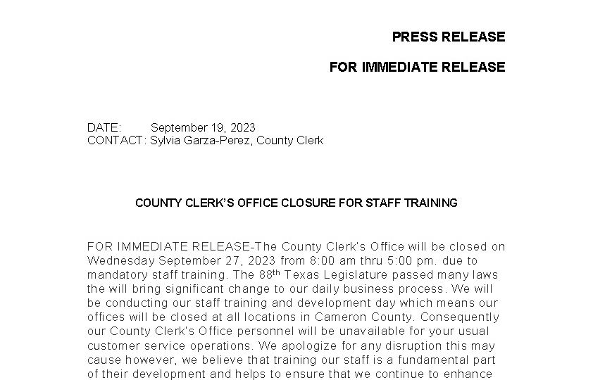 Cameron County Clerk's Office Press Release- memo