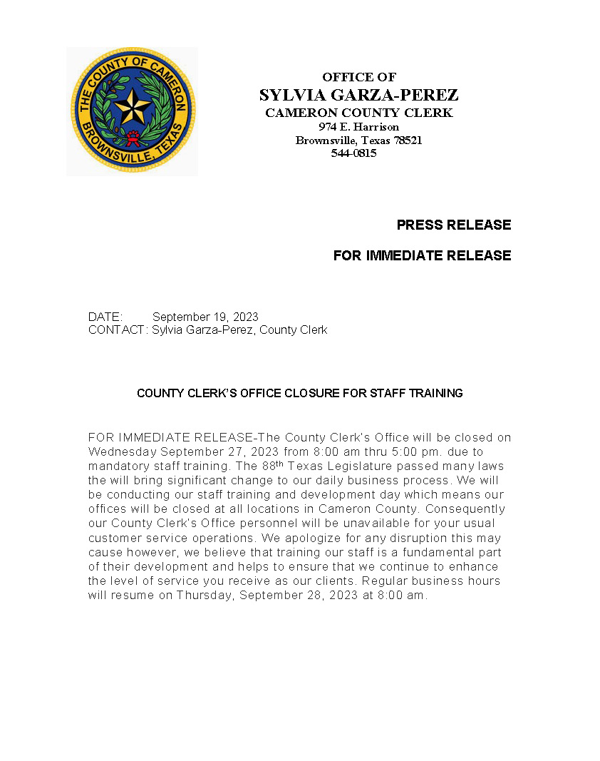Cameron County Clerks Office Press Release Memo
