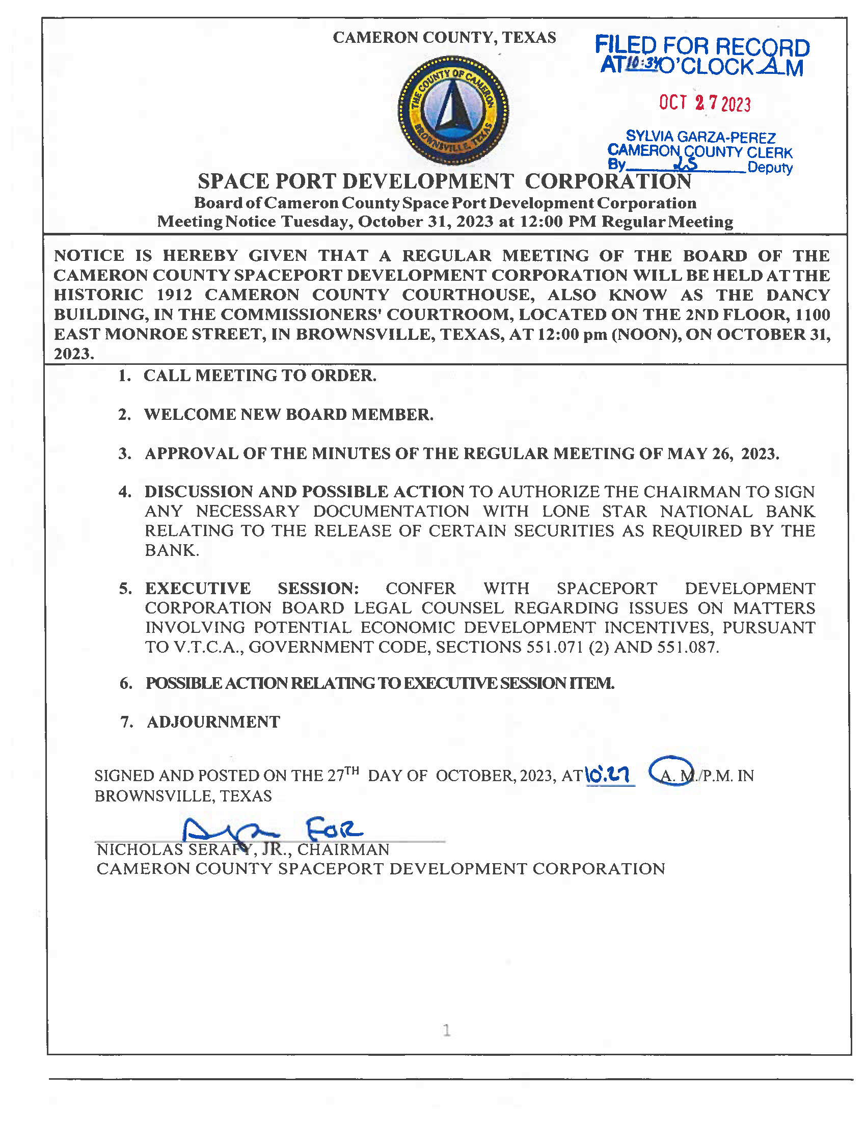 AGENDA SPACE PORT DEVELOPMENT CORPORATION MEETING OF 10.31.2023 002