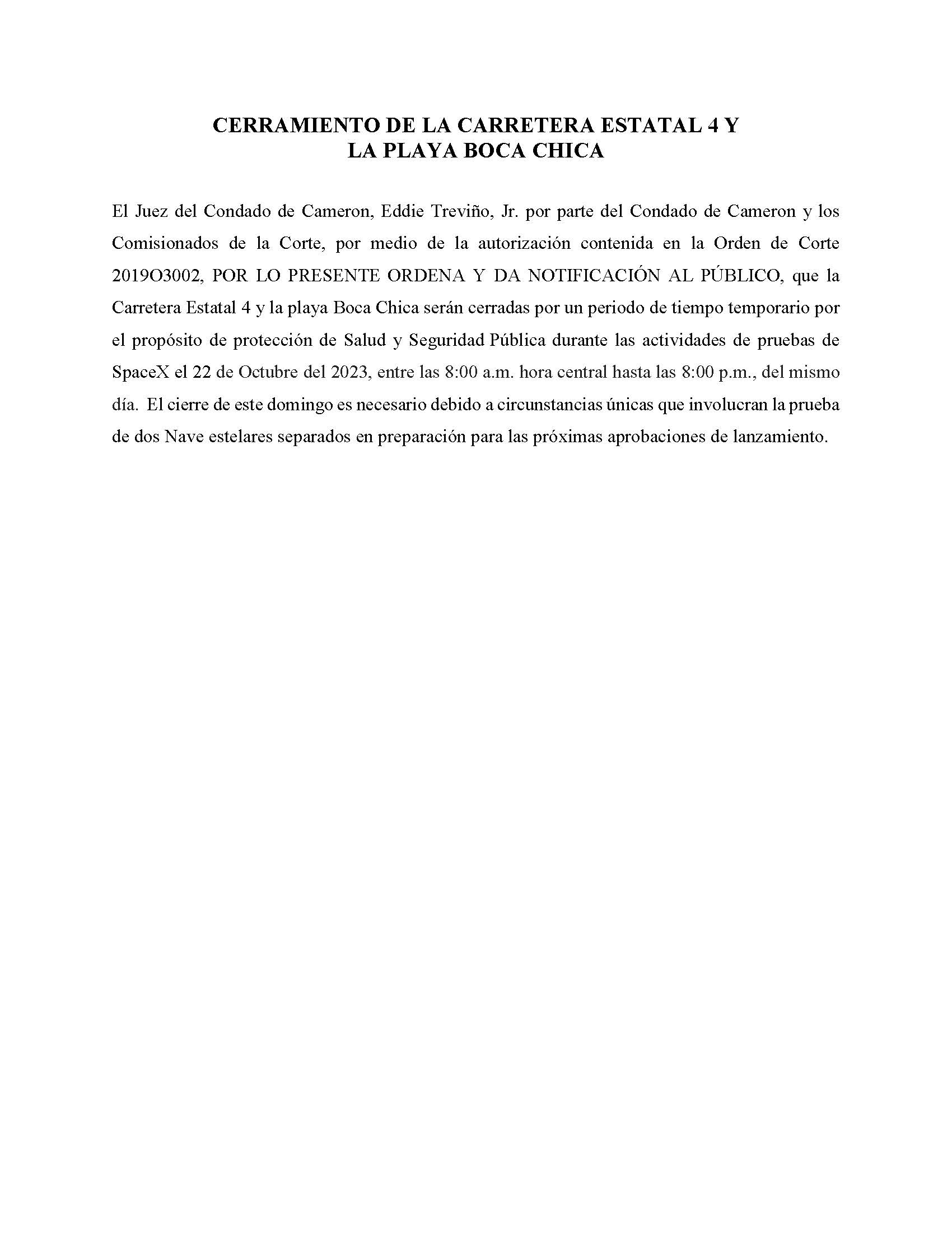 ORDER.CLOSURE OF HIGHWAY 4 Y LA PLAYA BOCA CHICA.SPANISH.10.22.23