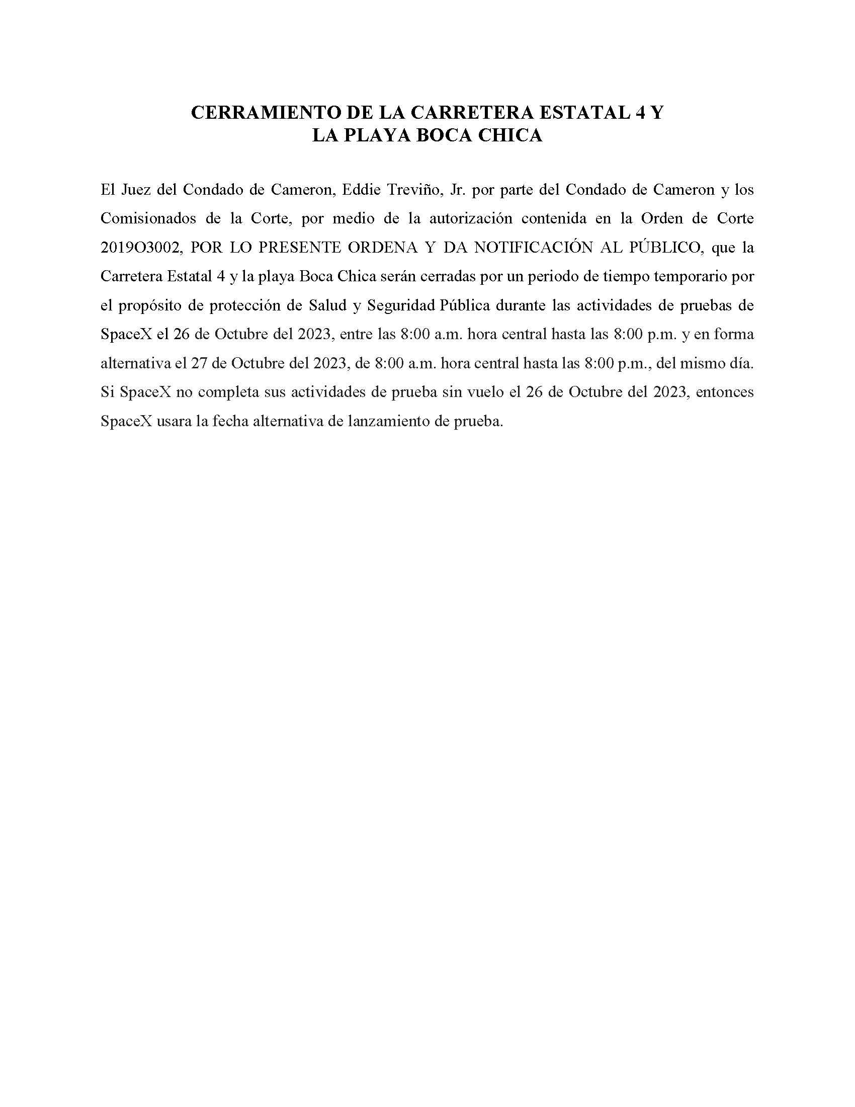 ORDER.CLOSURE OF HIGHWAY 4 Y LA PLAYA BOCA CHICA.SPANISH.10.26.23 002