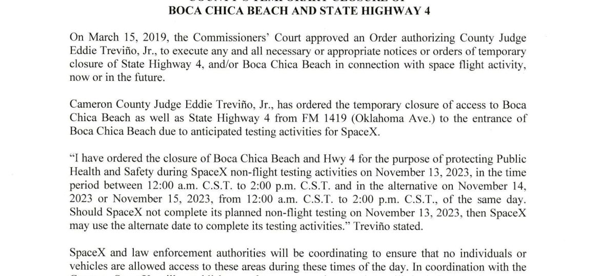 2023.11.13 - Press Release on Order of Closure Related to SpaceX Flight