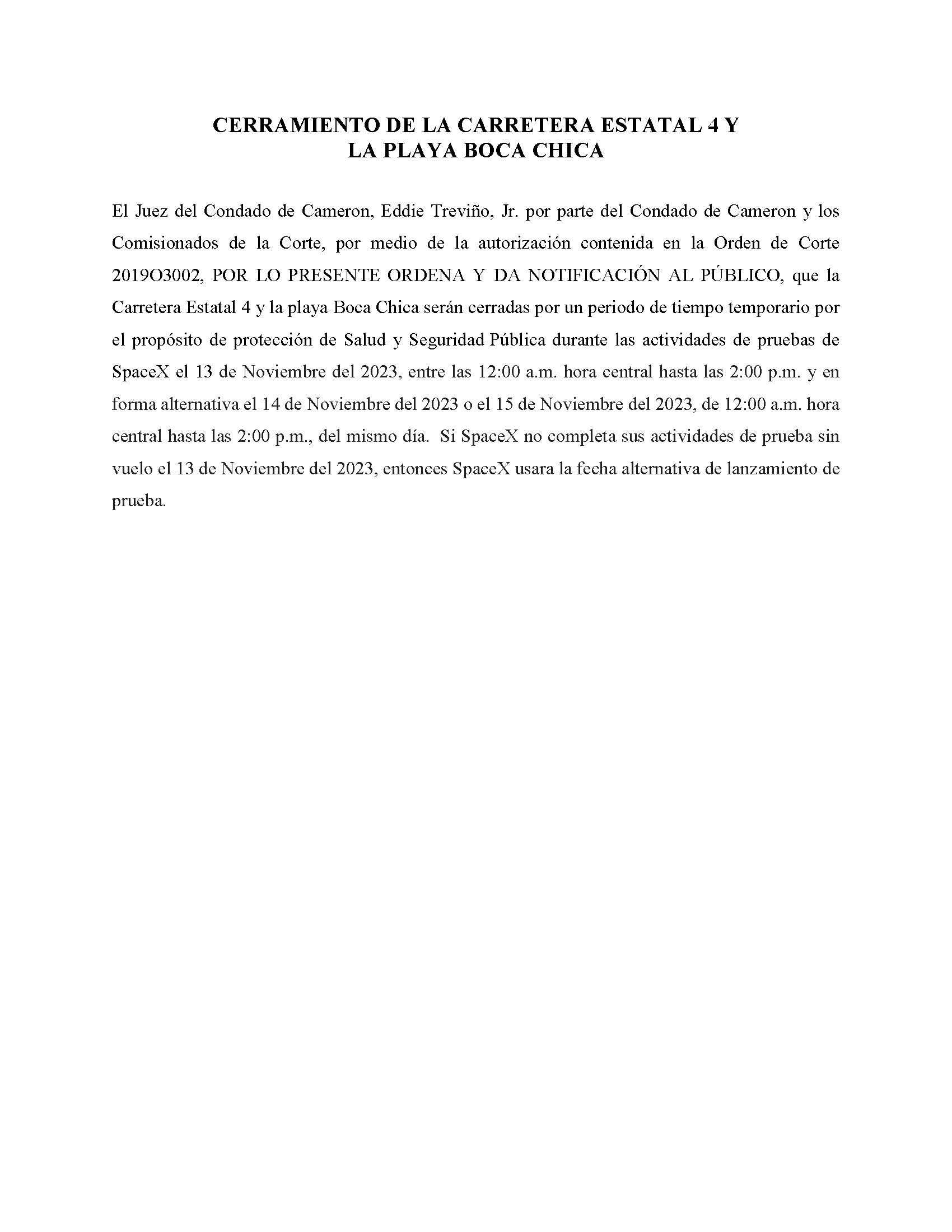 ORDER.CLOSURE OF HIGHWAY 4 Y LA PLAYA BOCA CHICA.SPANISH.11.13.23