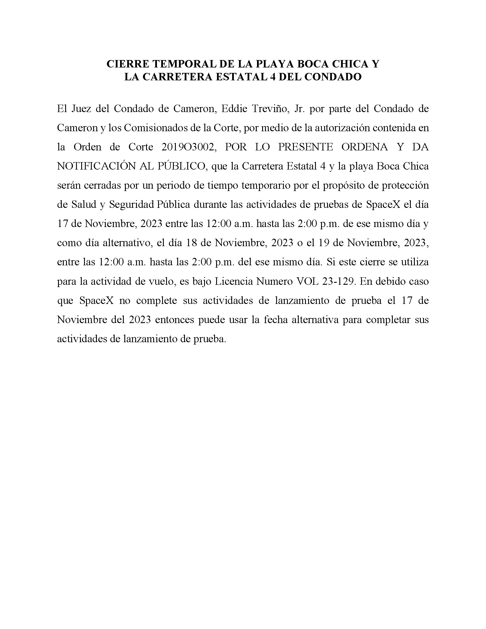 ORDER.CLOSURE OF HIGHWAY 4 Y LA PLAYA BOCA CHICA.SPANISH.11.17.2023