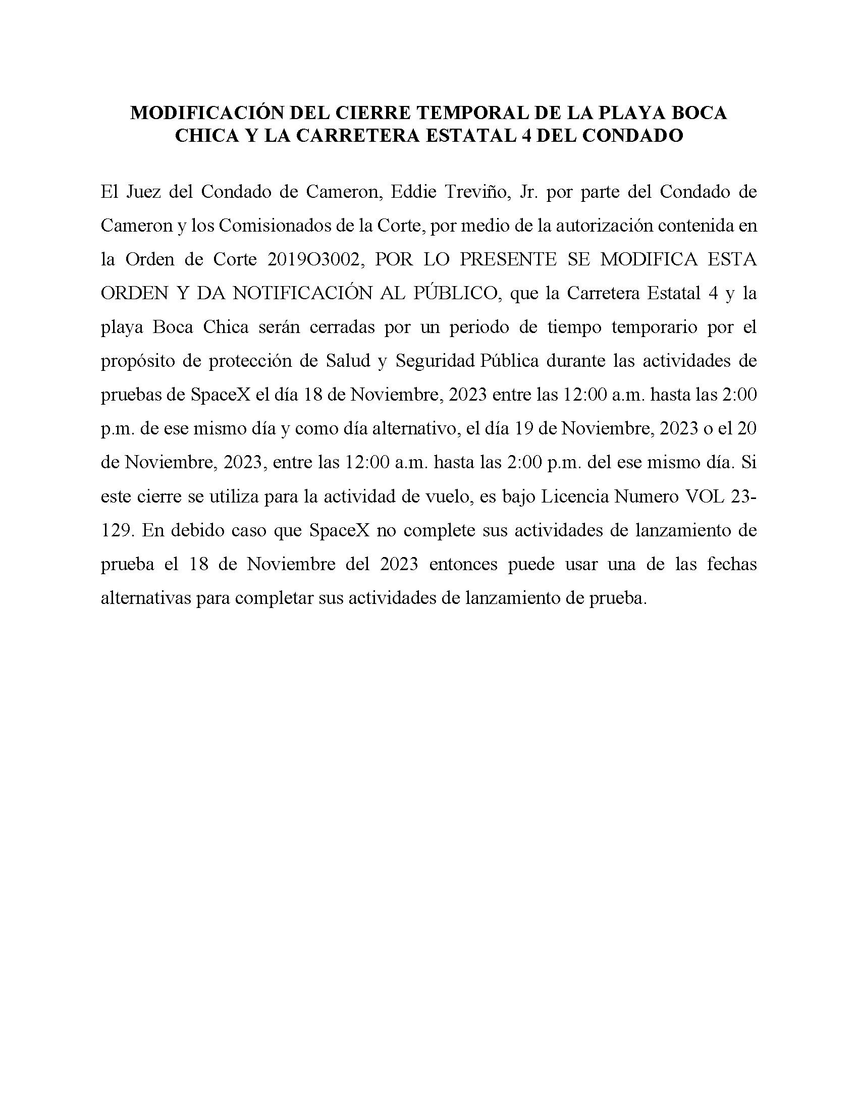 ORDER.CLOSURE OF HIGHWAY 4 Y LA PLAYA BOCA CHICA.SPANISH.11.18.2023 002
