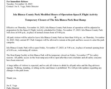 Press Release_ SpaceX Flight Activities_Isla Park Temporary Adjustment of Hours & Boat Ramp Closure_11-14-23